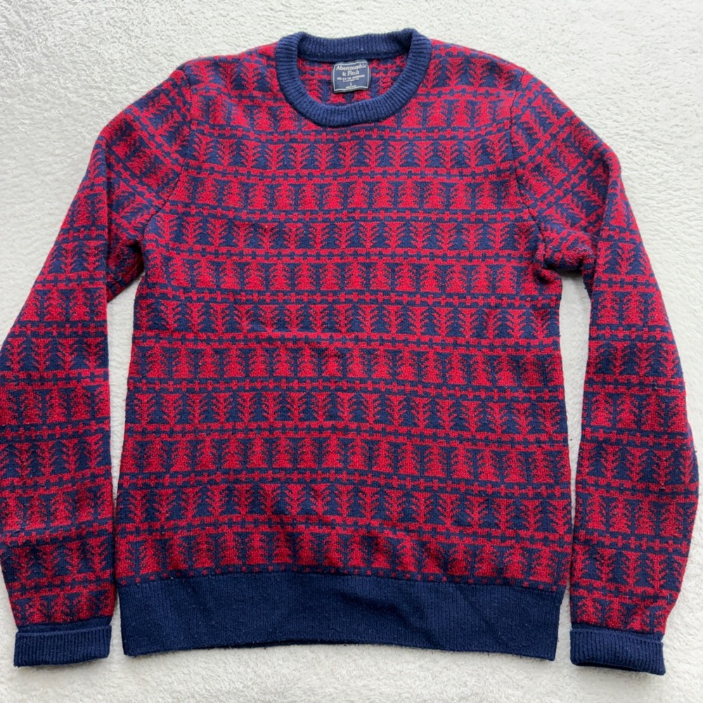 Abercrombie & Fitch Mens Large Wool Blend Pine‎ Tree Fair Isle Sweater Red Navy
